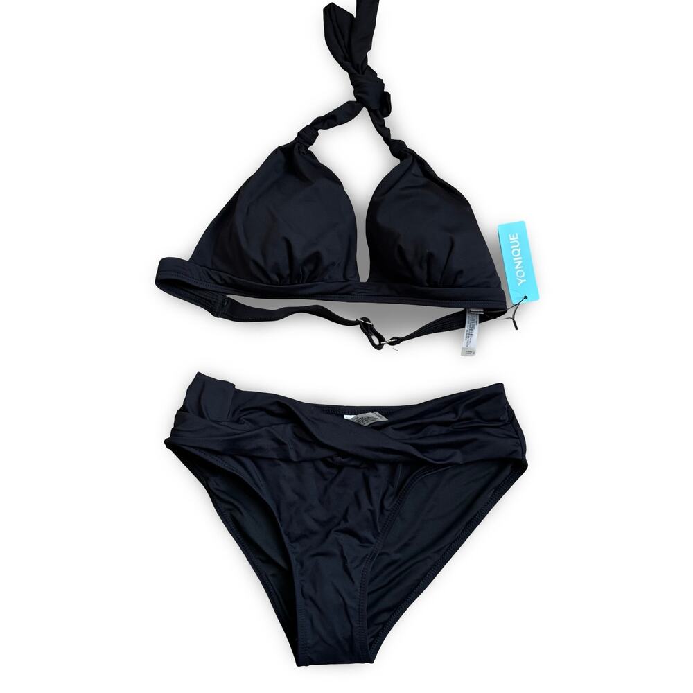 Yonique Black Bikini Swimsuit Set Halter Top & High-Waist Bottom Size S NWT